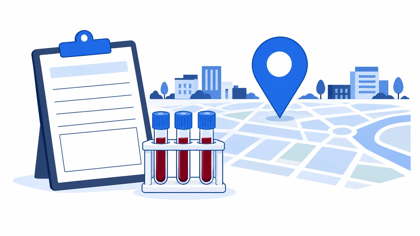 Flat illustration of a clipboard, three blood sample tubes with blue caps, and a map pin on a city street grid